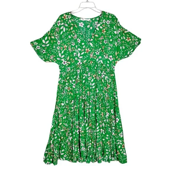 Zara Tiered Floral Green Dress Size Medium V Neck Short Sleeve Pullover - Picture 4 of 11